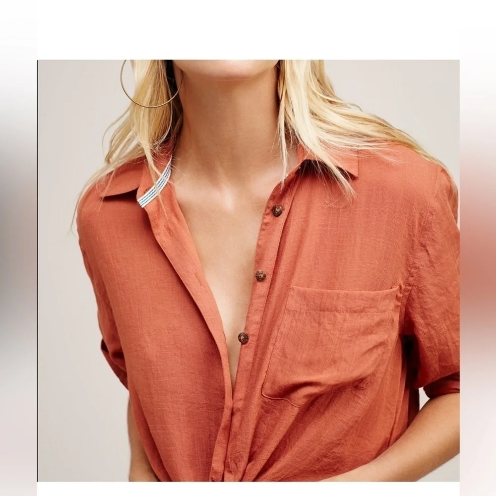 Free People Womens That's a Wrap Button Down Tie Front Shirt in Peach Coral Pink